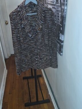 St. John Multicolor Tweed Cardigan Jacket - Black, Brown, Cream, Blue Accents